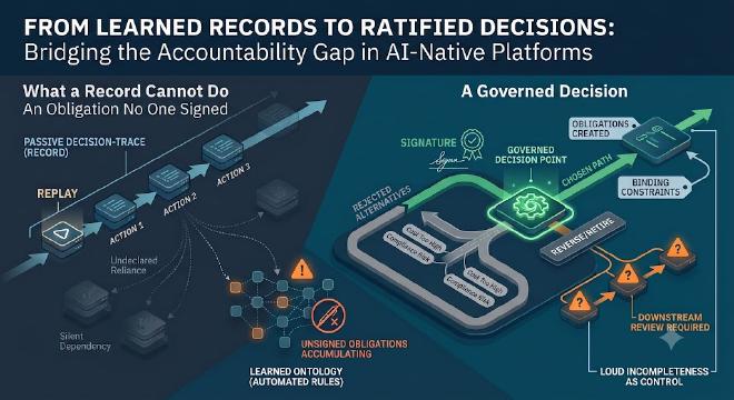 From a passive decision-trace on the left, where undeclared reliance and silent dependency let unsigned obligations accumulate into a learned ontology, to a governed decision on the right, which is signed, weighs its rejected alternatives, can be reversed and retired, and escalates downstream review as loud incompleteness.