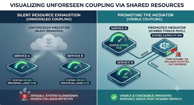 Two services, each individually green and within its own limits, silently exhaust an unmodelled shared resource such as a thread pool. Promote that resource to a first-class mediator with a stated capacity and the joint demand becomes visible and checkable — the collision is caught instead of hidden.