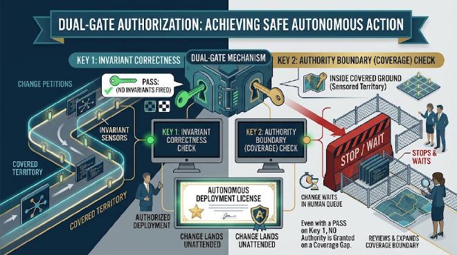 The licence for autonomous action takes two keys: an invariant-correctness pass and an authority-boundary (coverage) check. A pass with a coverage gap grants nothing — the change stops and waits in a bounded human queue.