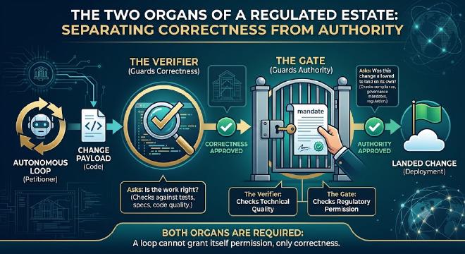 The two organs of a regulated estate. The verifier checks technical quality against tests and specs; the Gate checks whether the change was permitted to land on its own. A loop can grant itself correctness, never authority.